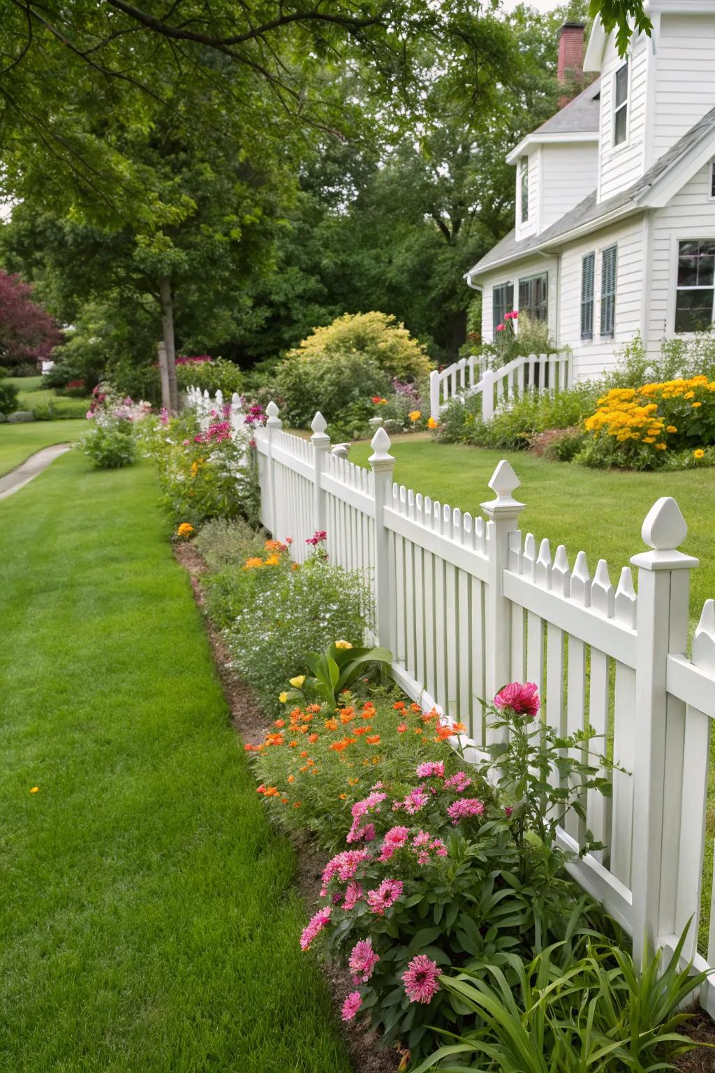 A classic white picket fence adding vintage charm to a vibrant front yard.