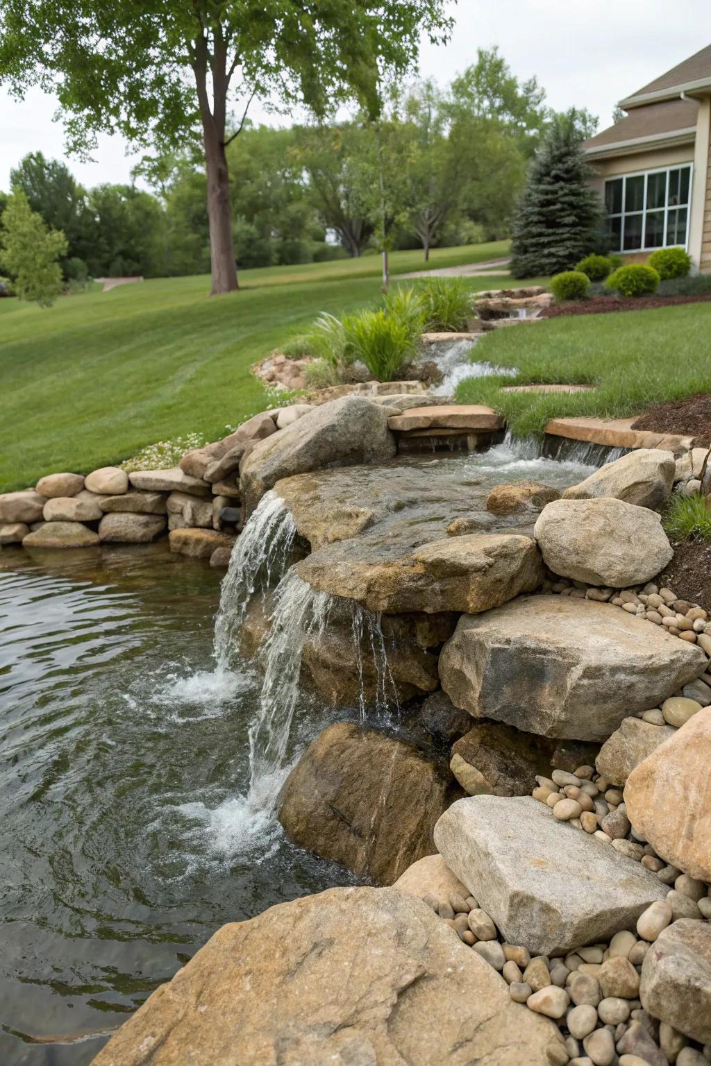 Natural stones lend a rustic charm to this front yard waterfall.