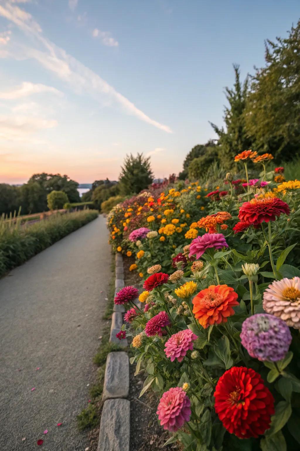 A pathway lined with radiant zinnia flowers adds an inviting touch to any front yard.