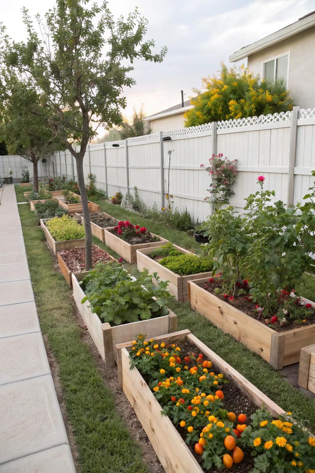 Raised garden beds filled with thriving fruit plants.