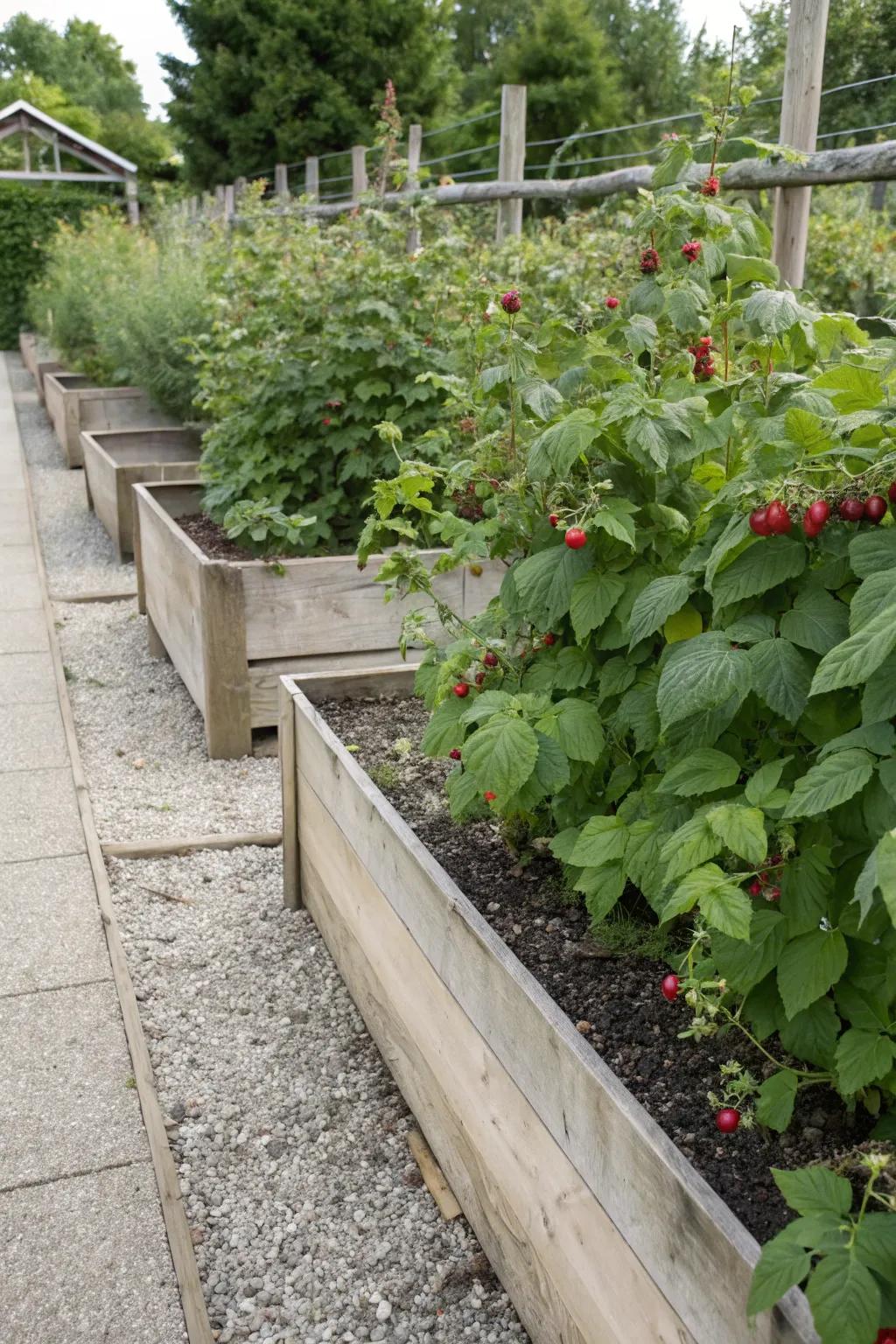 Raised garden beds offer a tidy and elegant way to grow raspberry bushes.