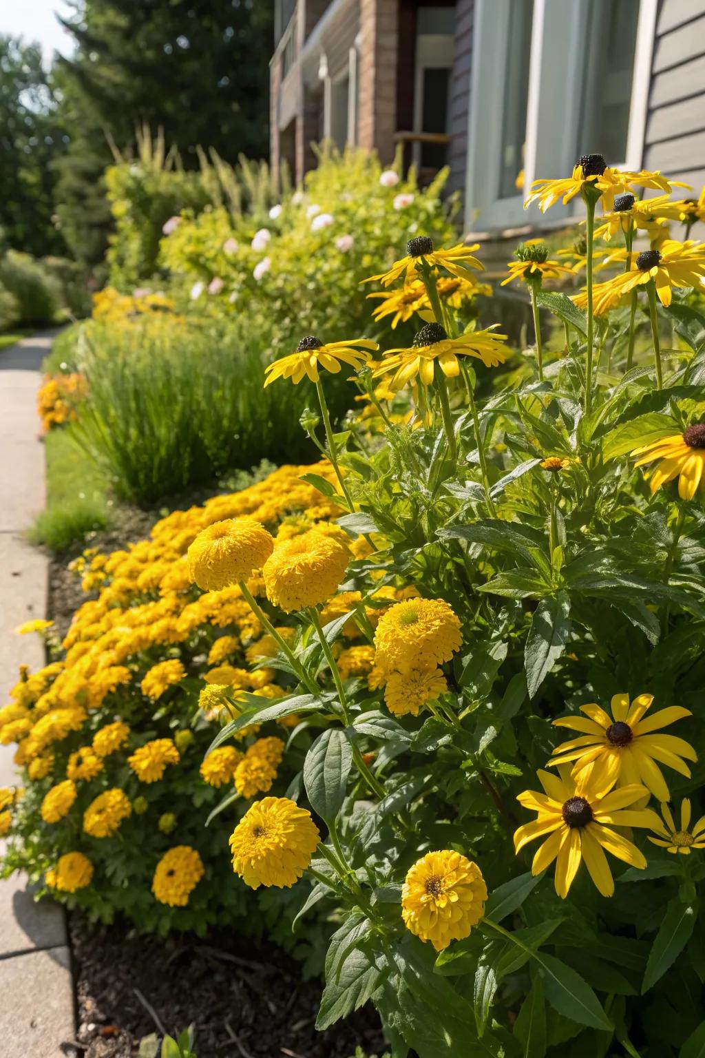 Golden rudbeckia and marigolds create a sunny spectacle in this flower bed.