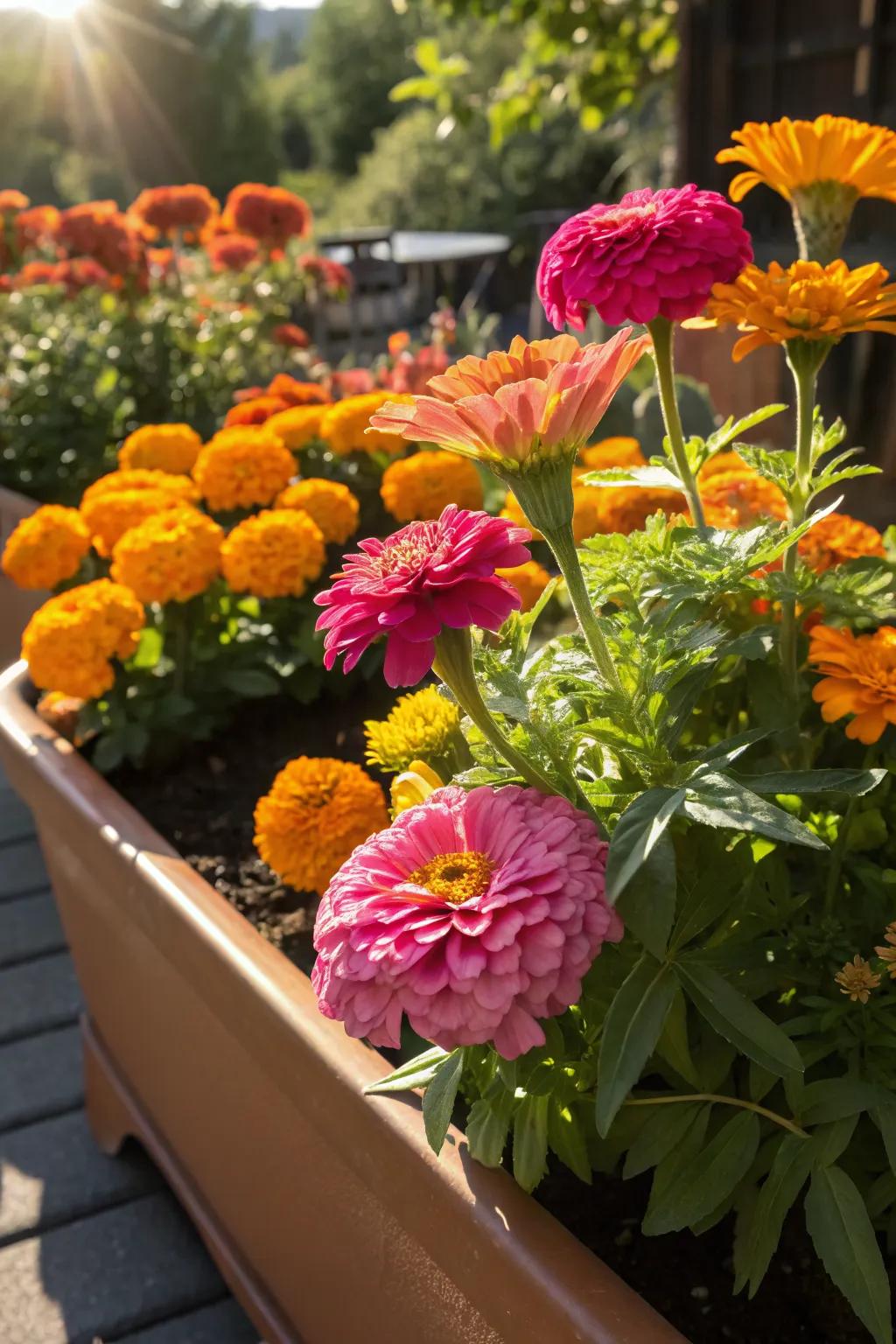 A stunning mix of zinnias and marigolds in full bloom.