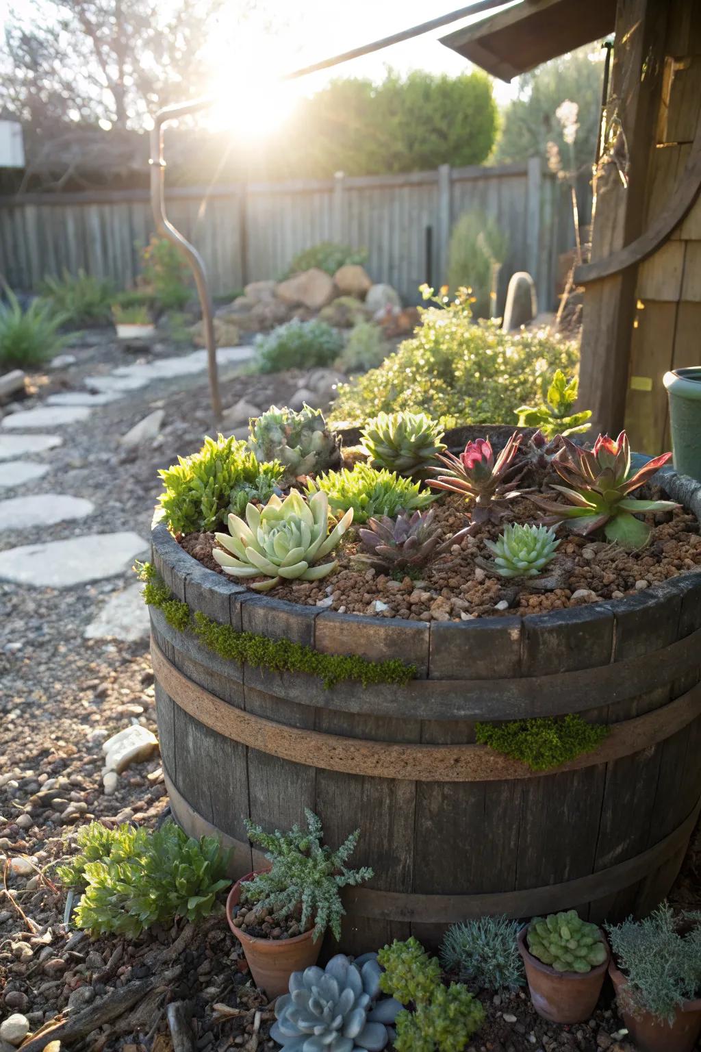 A whiskey barrel brimming with vibrant succulents.