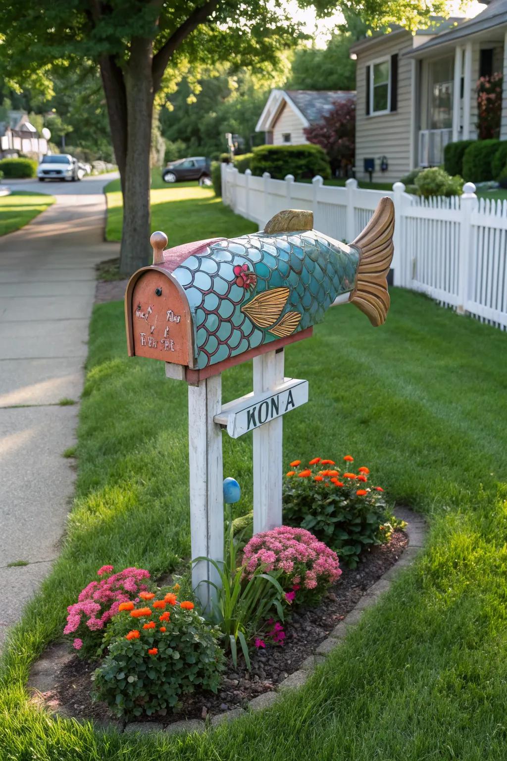 A fish-themed mailbox adds a splash of whimsy to your home.