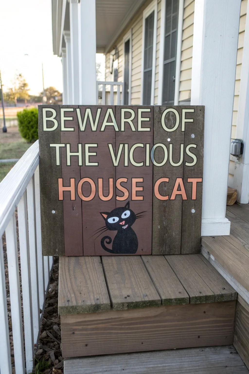 A funny porch sign warning visitors of a 'vicious' house cat