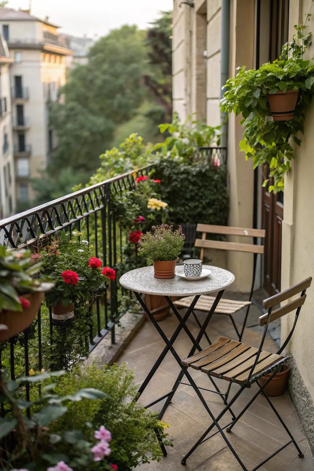 A bistro set is a stylish and space-saving furniture choice for small balconies.