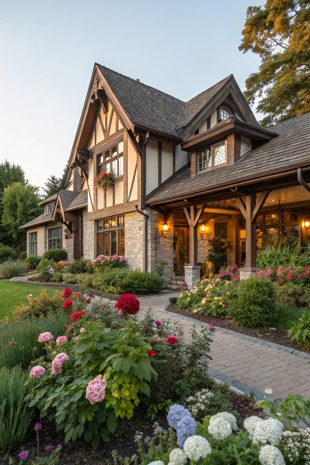 Rustic timber framing adds warmth and character to the gables.