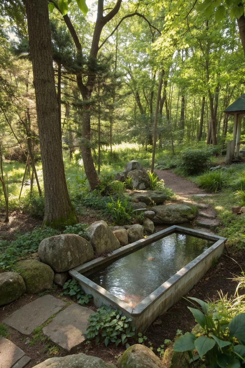 A peaceful galvanized pool set in a forest-like backyard.