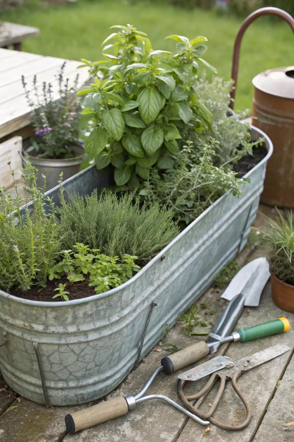A rustic herb garden in a galvanized trough, perfect for culinary enthusiasts.