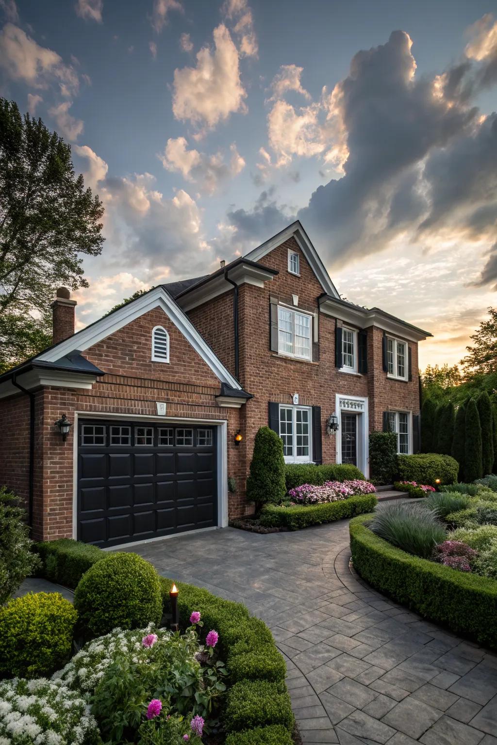 A bold black garage door contrasts beautifully with the brick exterior.
