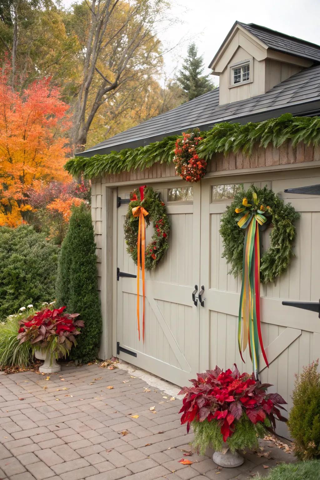 Adorn your garage door with seasonal wreaths and garlands.