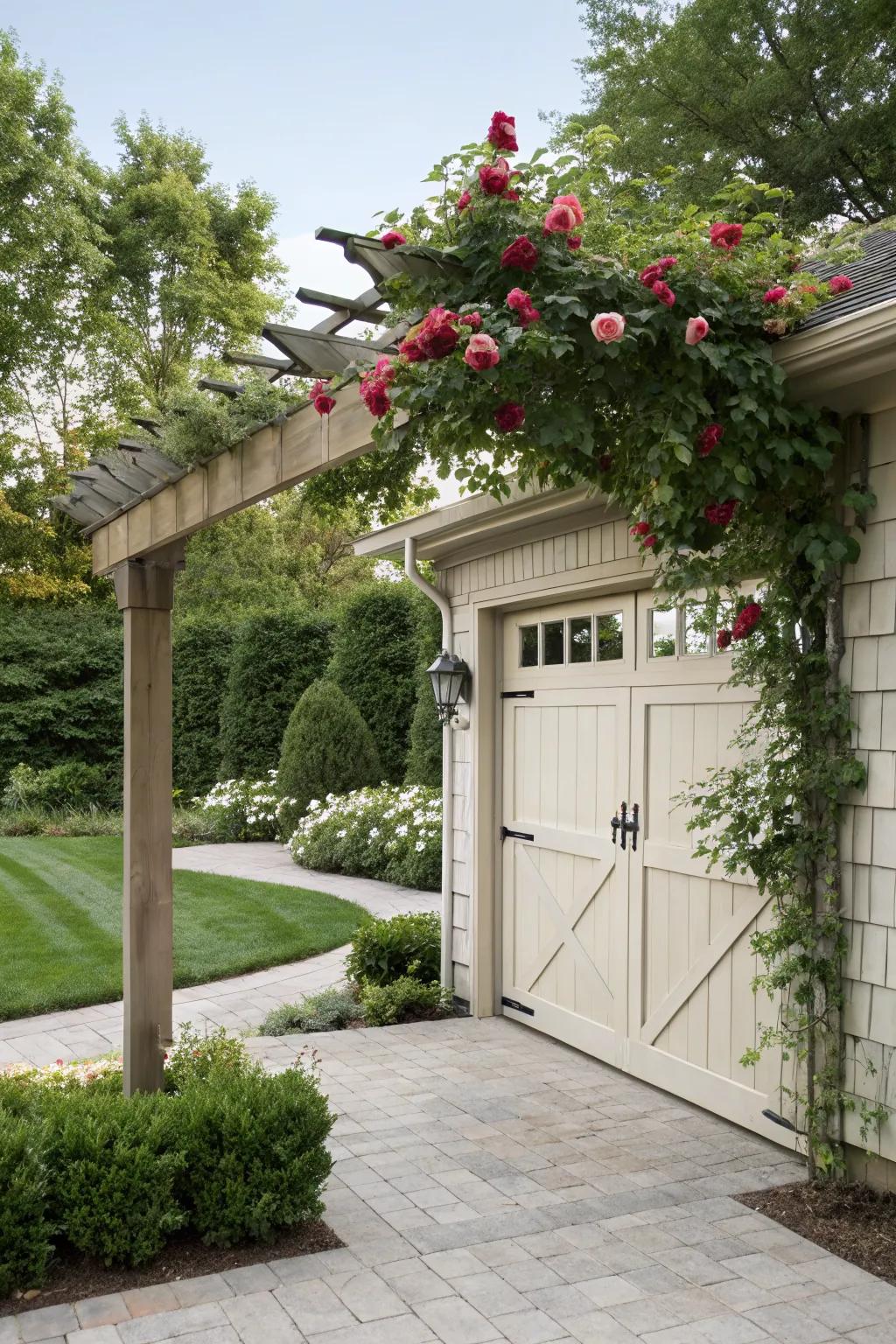 A classic wooden pergola with climbing roses for a timeless look.