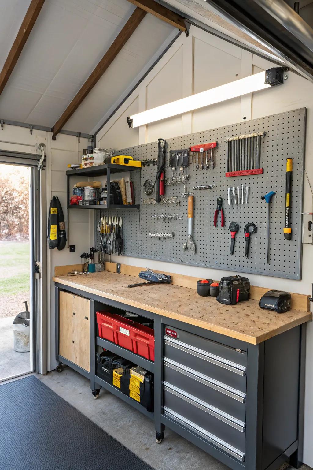 A well-organized workshop inside a garage shed, ready for creative projects.