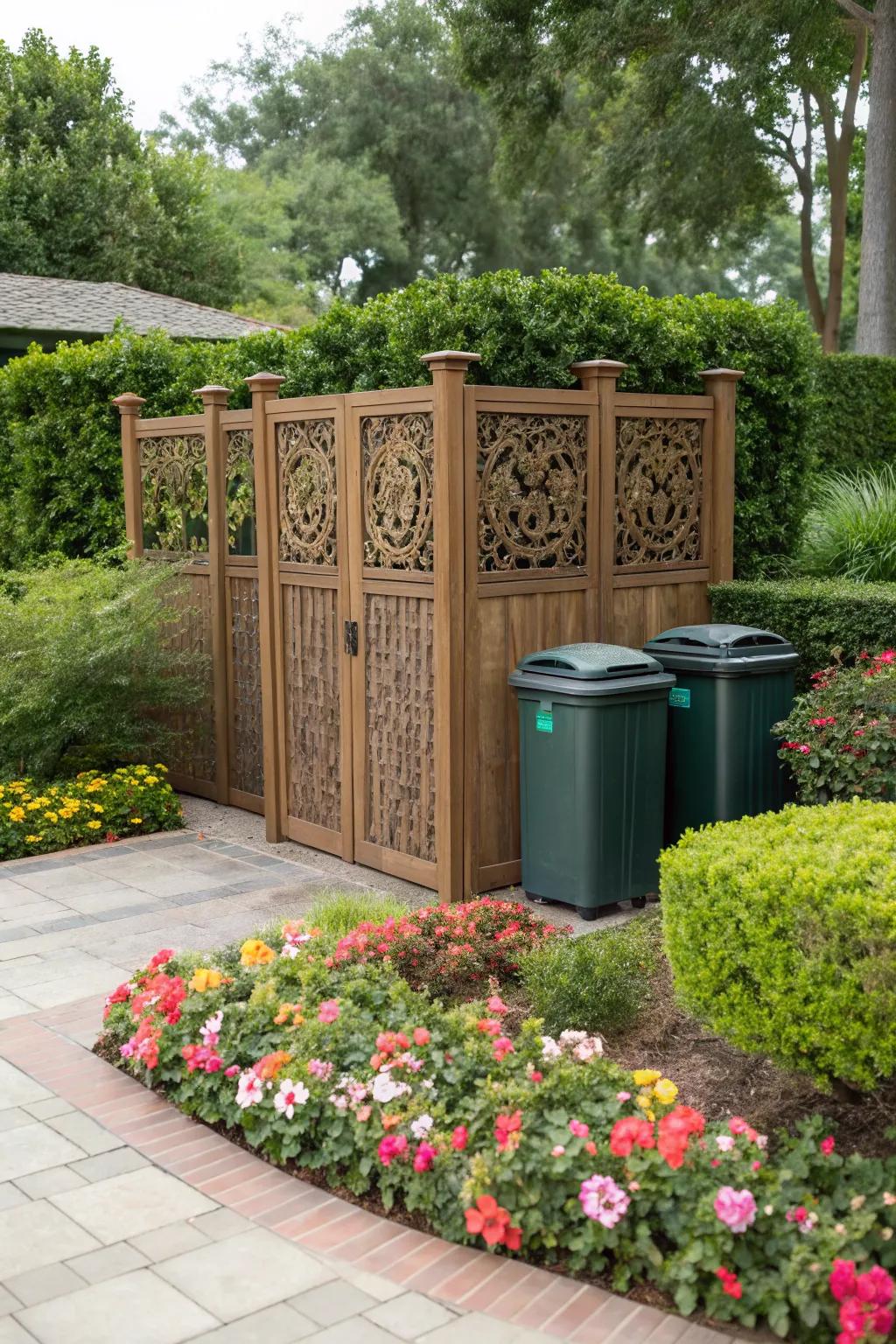 A charming wooden privacy screen adds a rustic touch while hiding your trash bins.