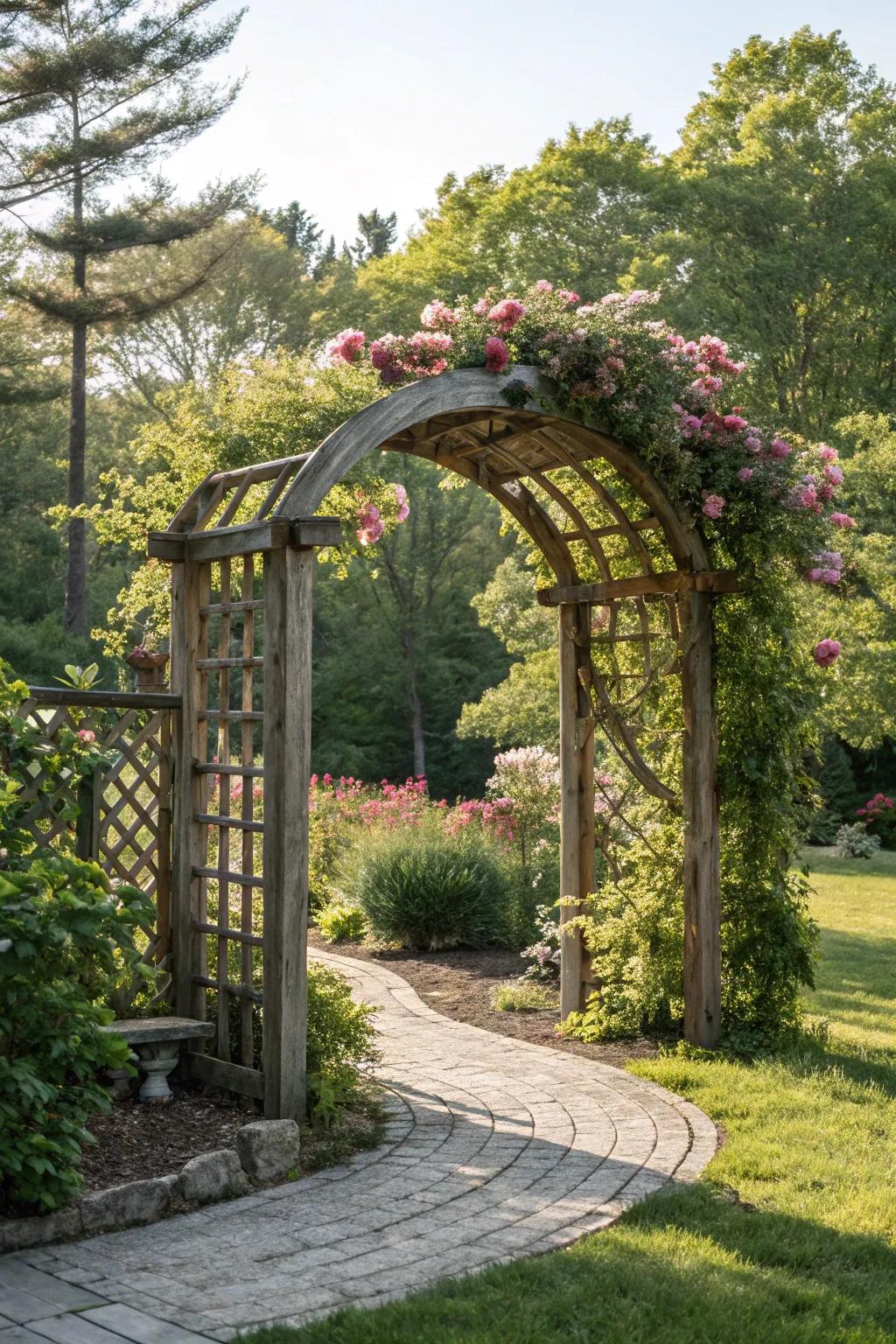 A classic wooden garden arch nestled among vibrant green foliage.
