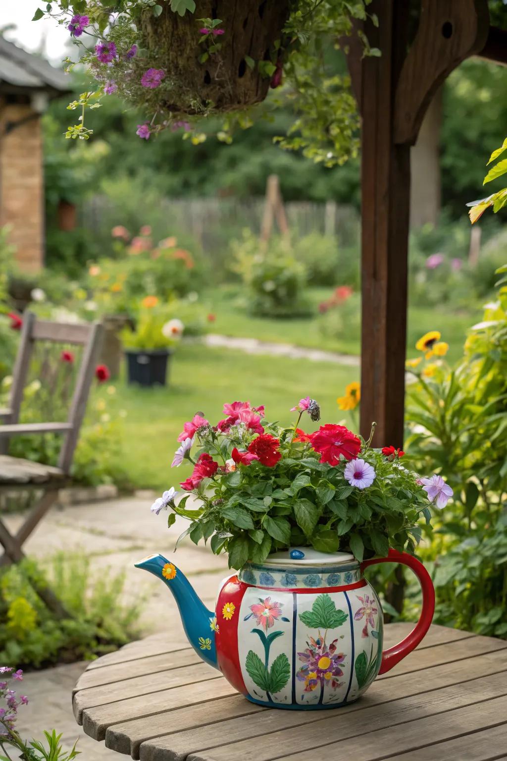 Transform teapots into charming garden planters.