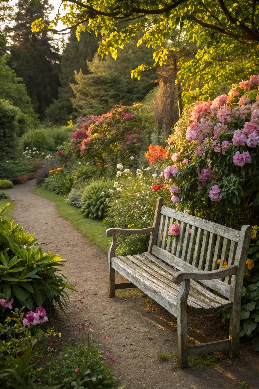 A classic wooden bench nestled in a blooming garden.