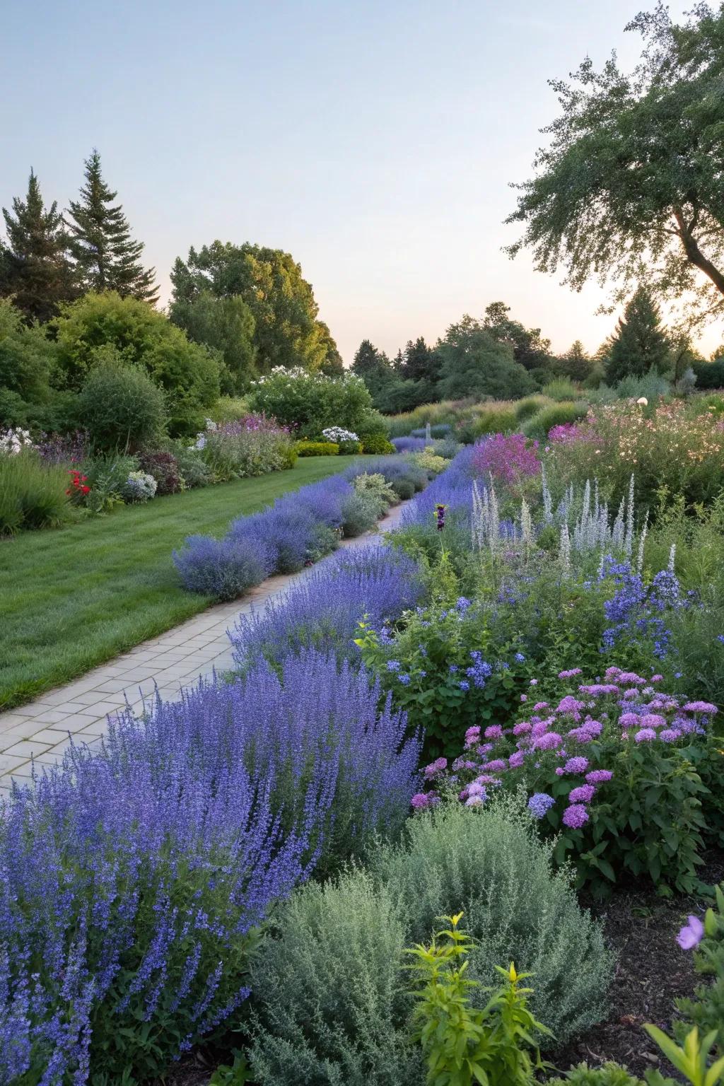 Russian Sage plants forming a stunning blue border in a garden.