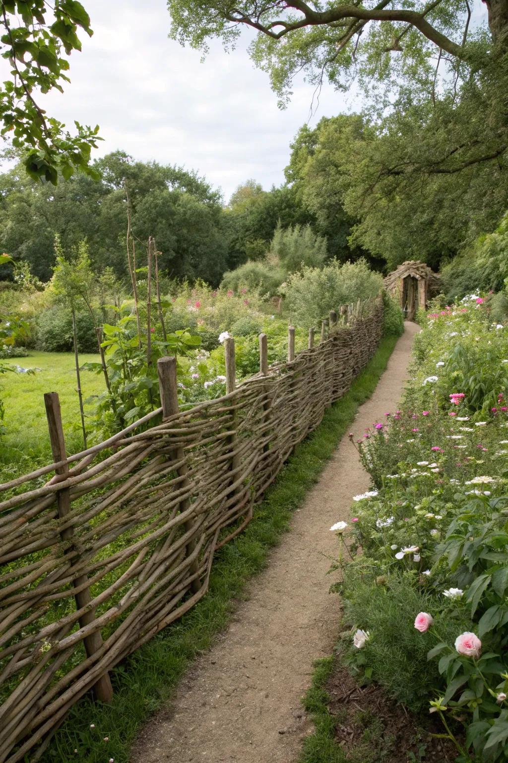 A traditional wattle fence seamlessly blends with the garden's natural beauty.