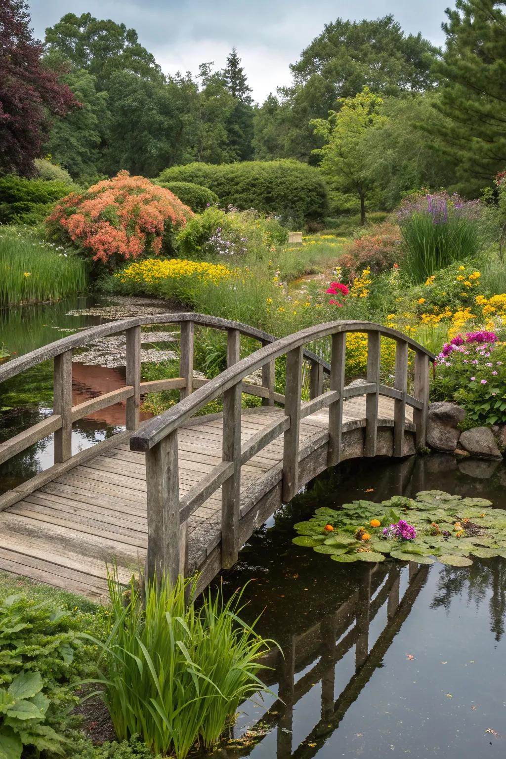 A rustic wooden bridge complements a natural garden setting.