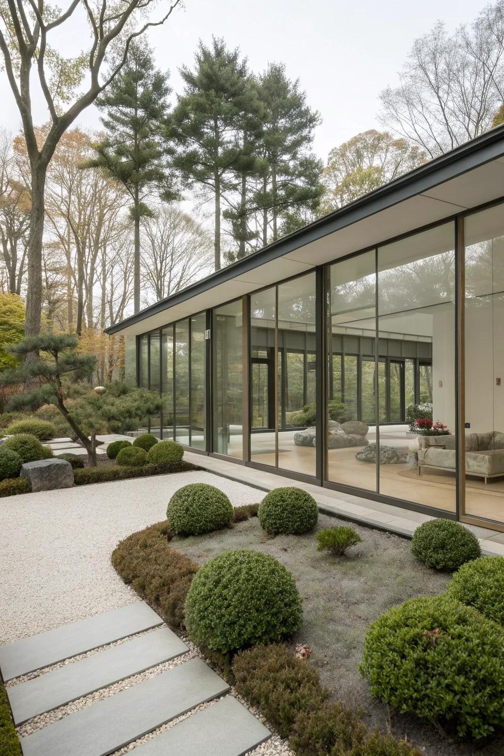 A minimalist garden retreat with expansive windows and simple landscaping.
