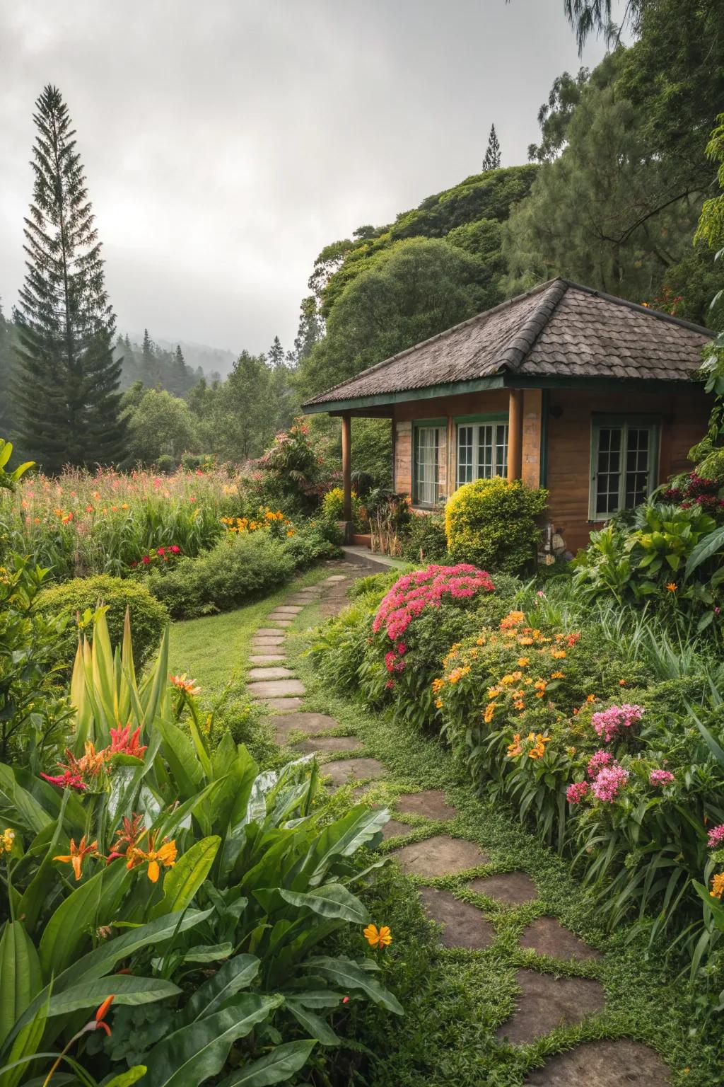 A lush garden bungalow oasis bursting with life and color.