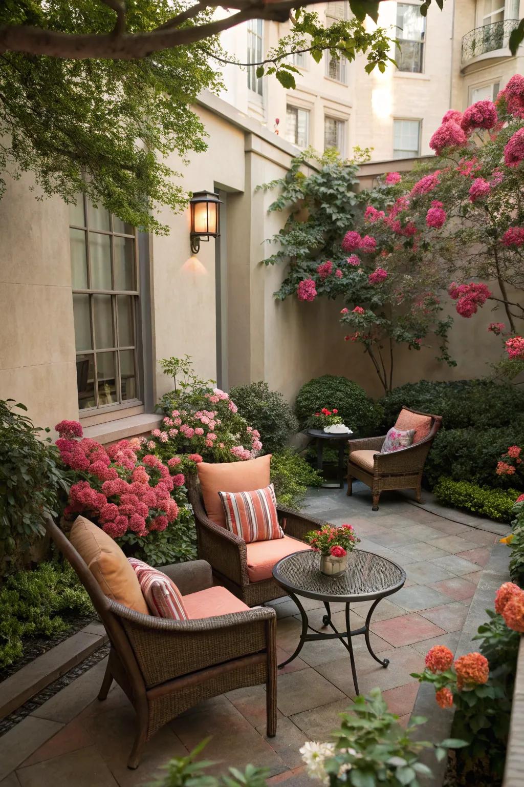 A cozy seating nook perfect for morning coffee in a serene courtyard.