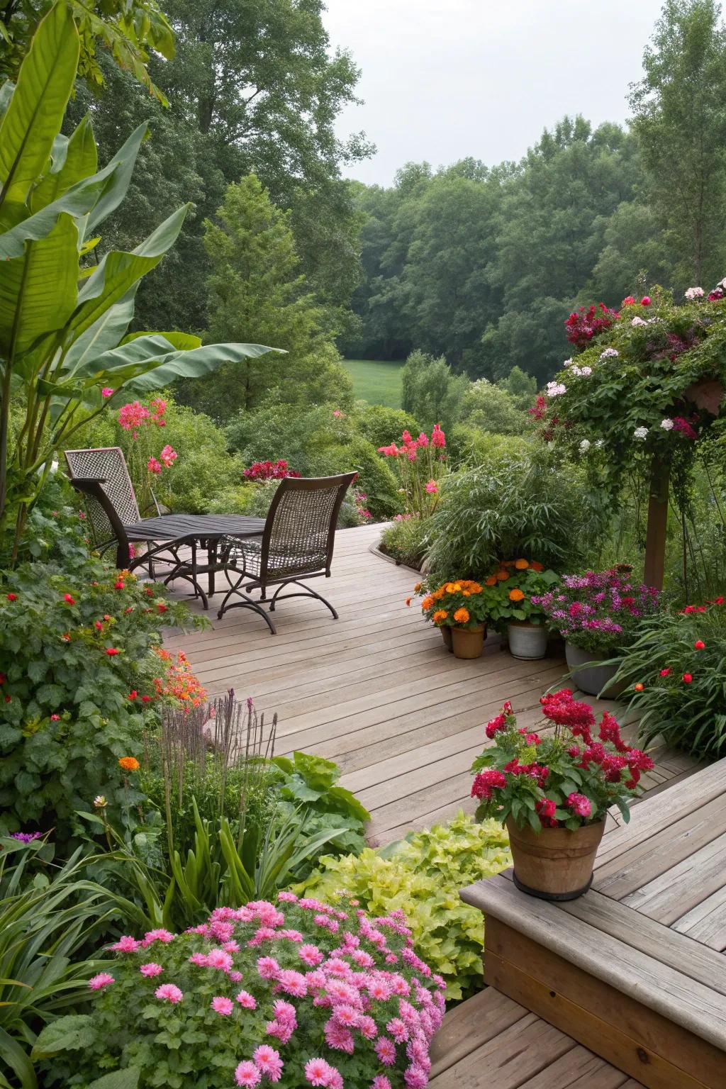 A deck perfectly integrated with vibrant flora.