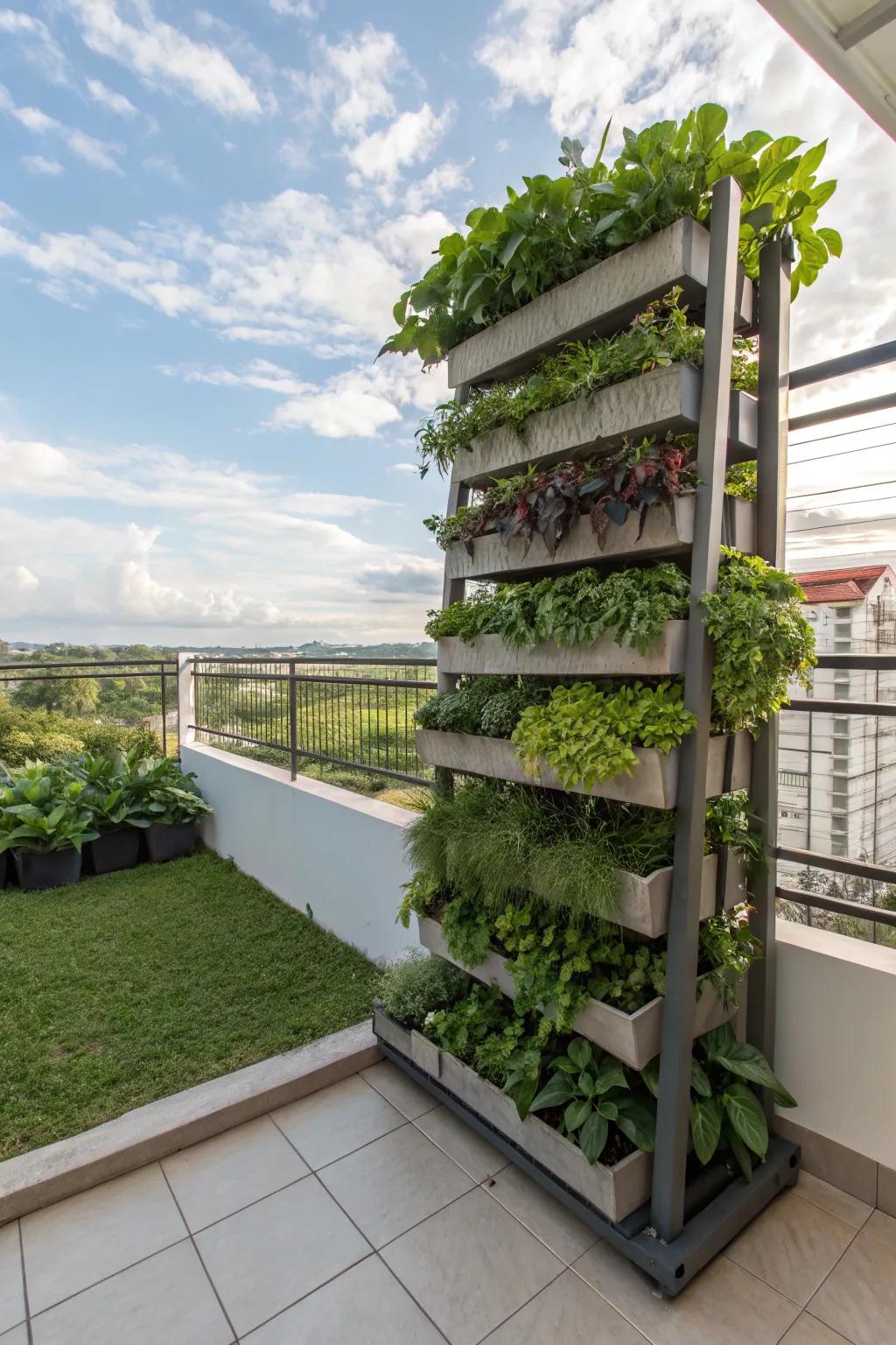 A striking vertical garden using tiered shelves filled with vibrant plants.