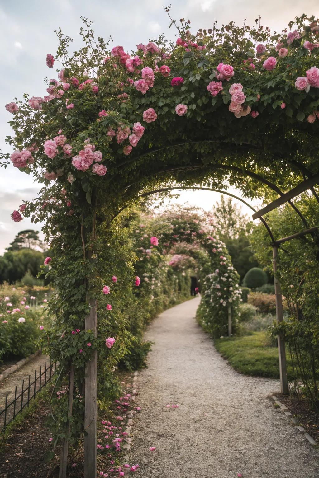 An enchanting arbor adorned with pink climbing roses guides you into the garden.