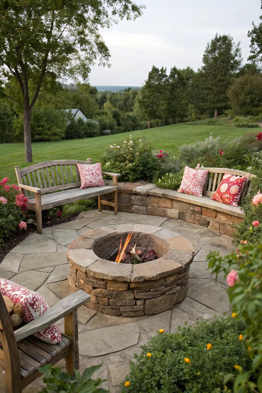 A rustic stone fire pit offering warmth and style amidst nature.