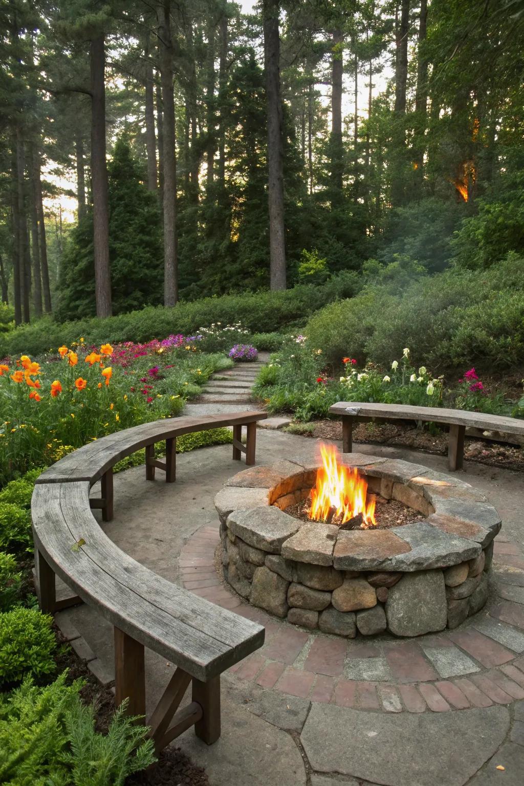 A natural stone firepit creates a rustic focal point in your garden.