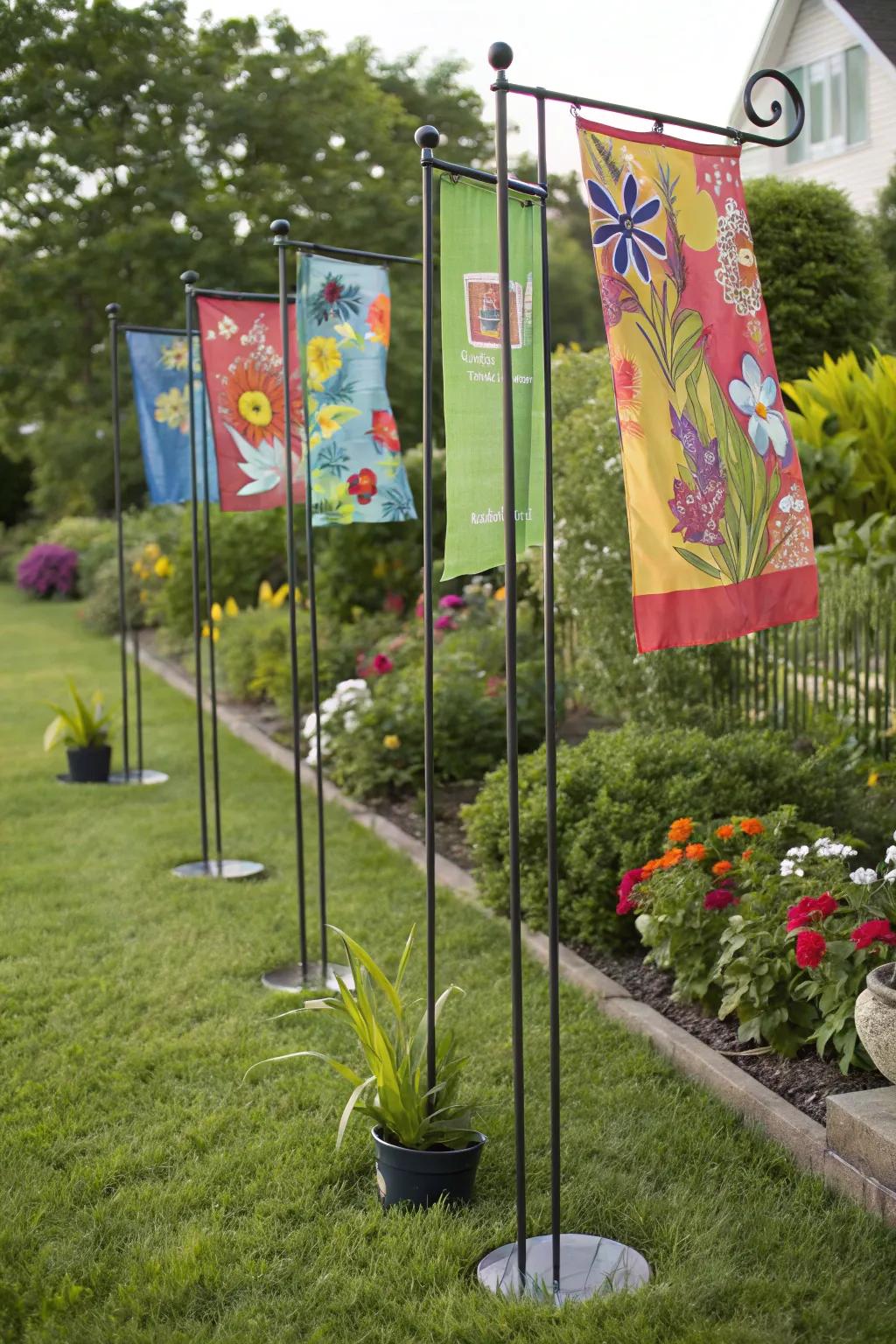 Metal display stands offer a sturdy and stylish way to showcase your garden flags.