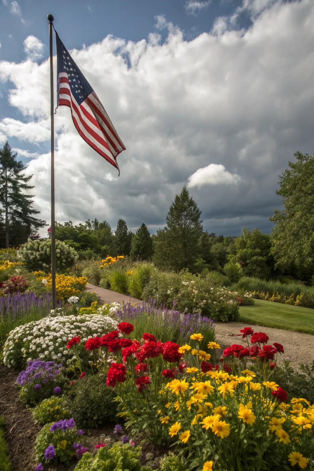 A garden flag nestled amidst vibrant flowers
