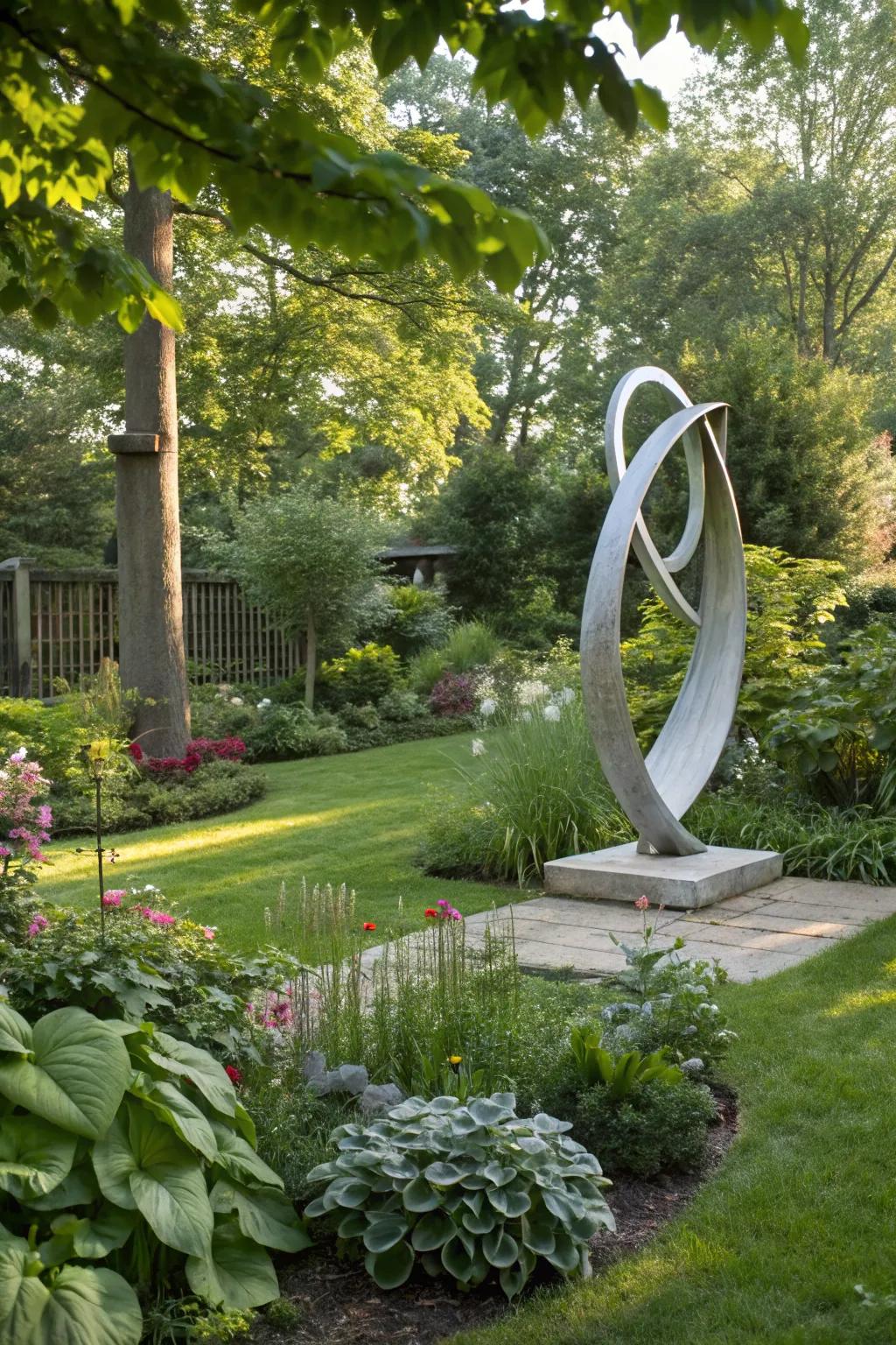 A modern sculpture acts as a striking focal point in a vibrant garden.