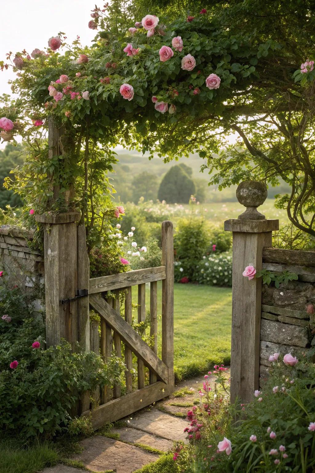 A wooden gate adorned with climbing roses adds rustic charm.