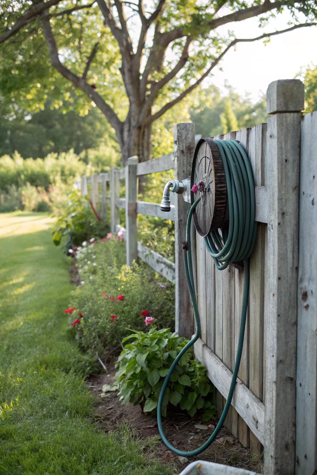 A sleek wall-mounted hose reel offering easy access and neat storage.