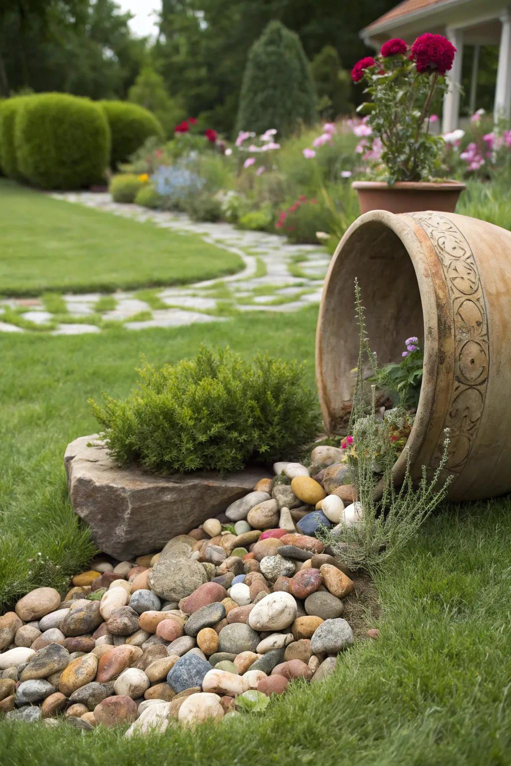 A charming spilled pot effect with stones creating a flowing visual in the garden.