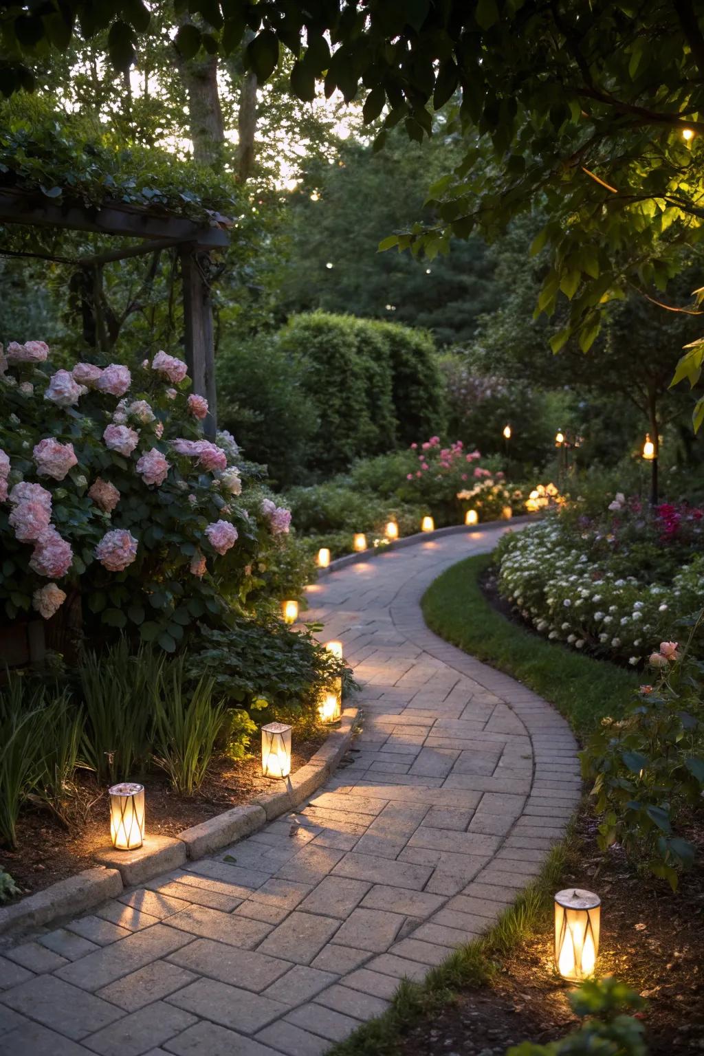 A garden pathway gently lit with elegant embedded lights guiding the way.
