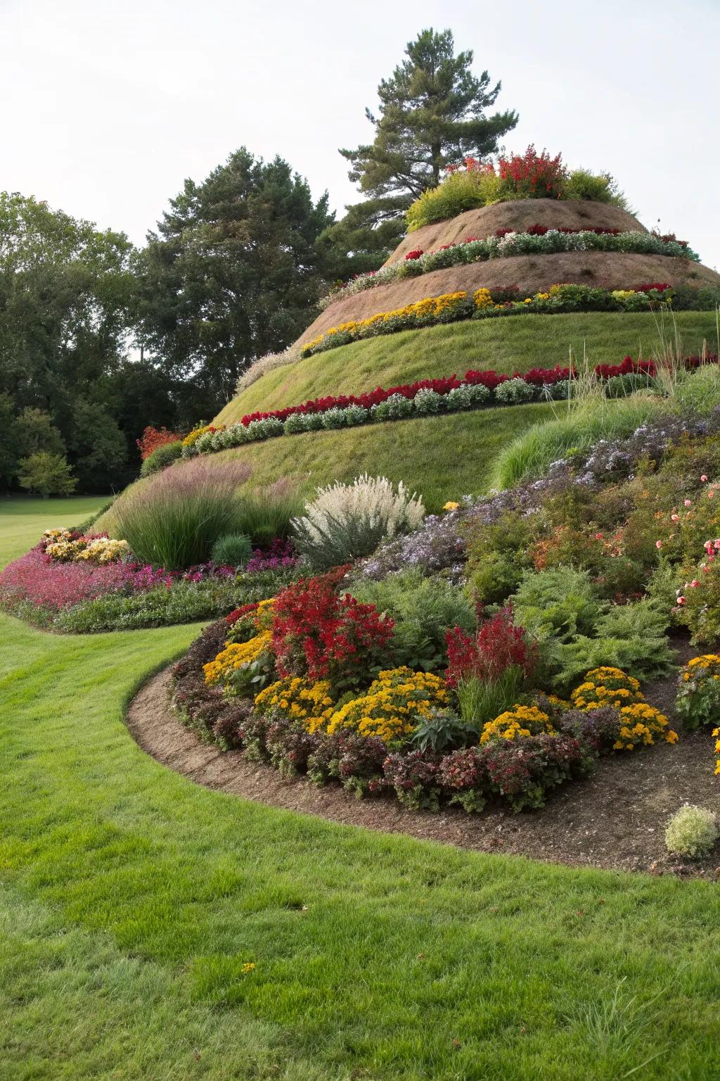 Layered planting brings depth and vibrancy to garden mounds.