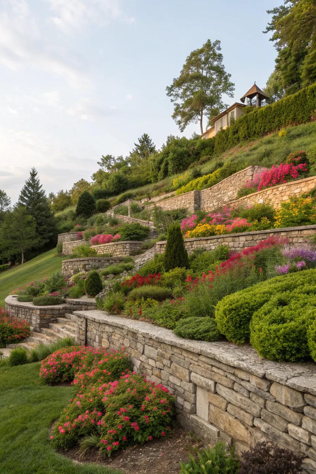 Terracing transforms slopes into usable garden spaces.