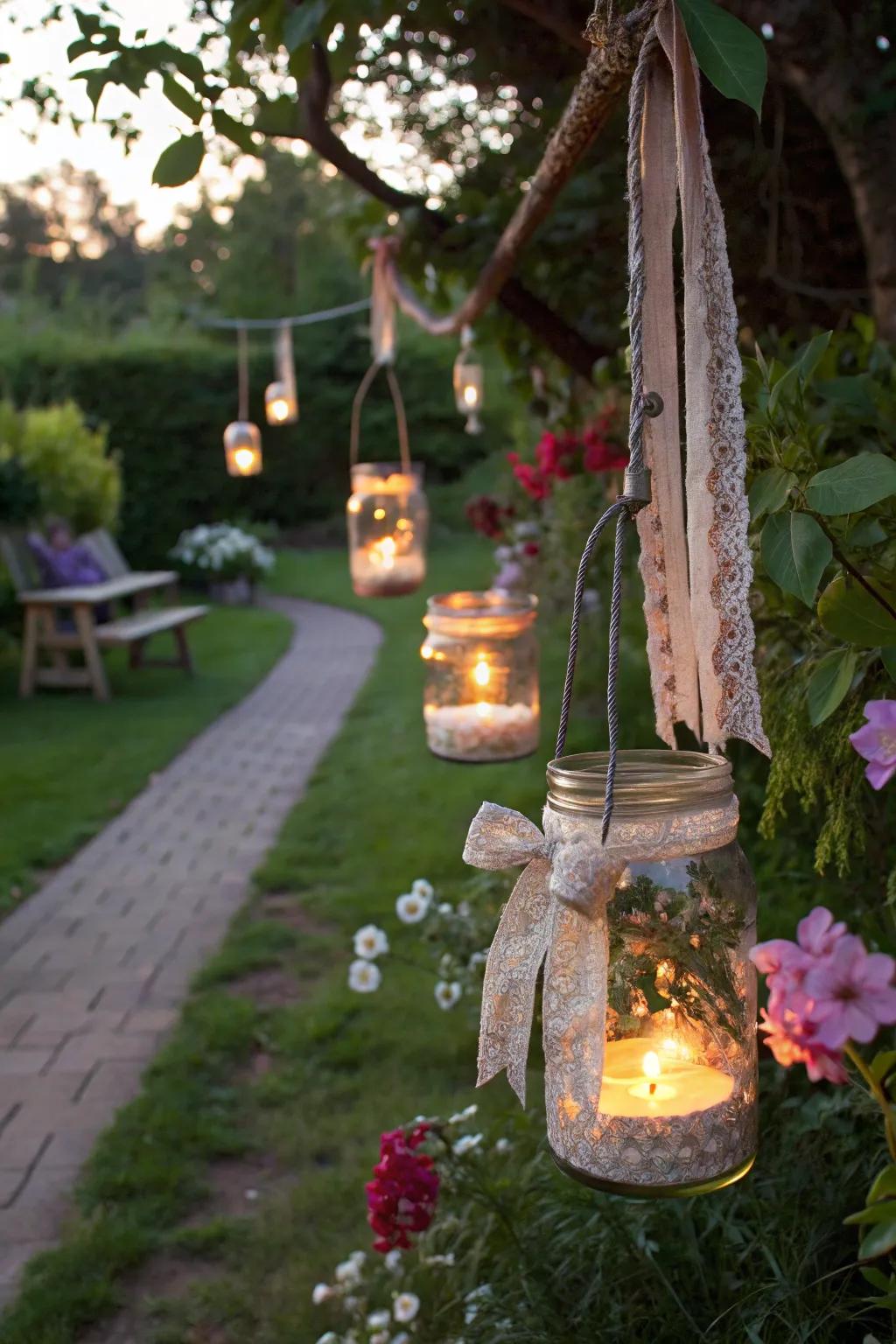 Charming DIY lanterns made from recycled jars illuminate the garden.