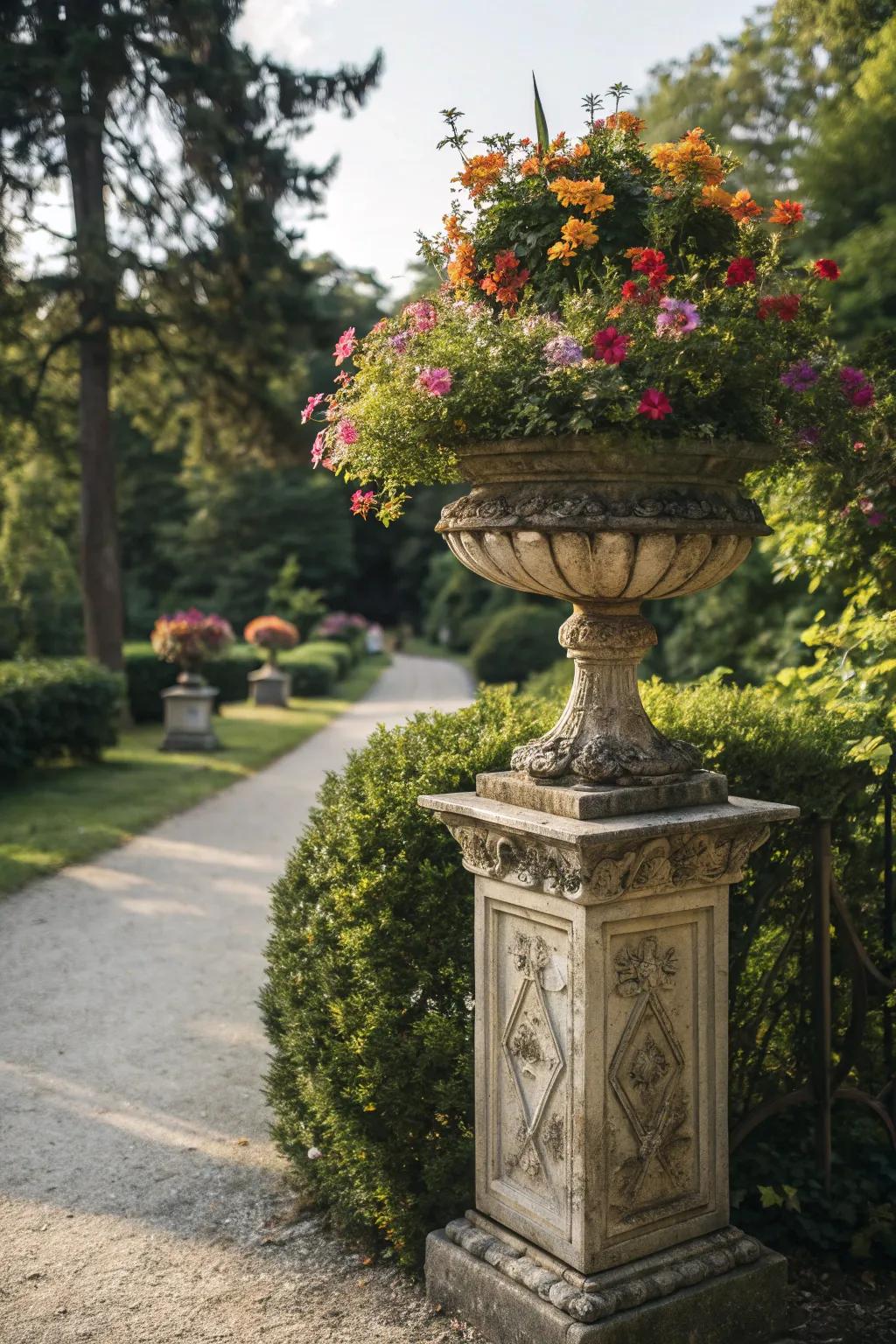 Ornamental planters on pedestals bring vibrant color and style to your garden.