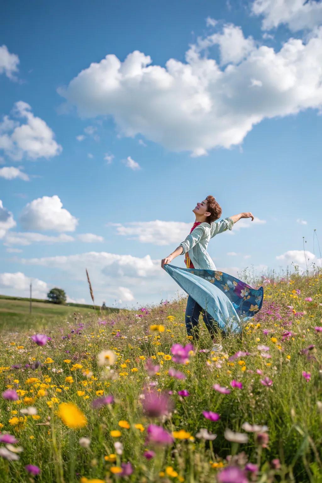 A whimsical moment in a field of wildflowers.