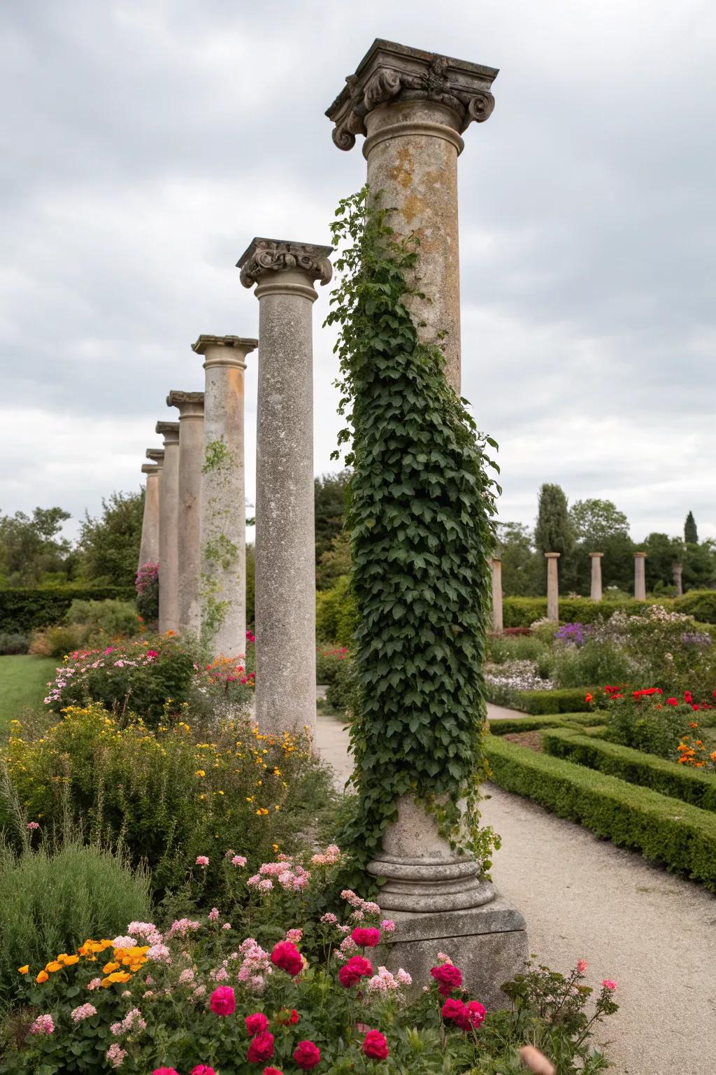 Classic stone pillars offer timeless elegance and a perfect base for climbing plants.
