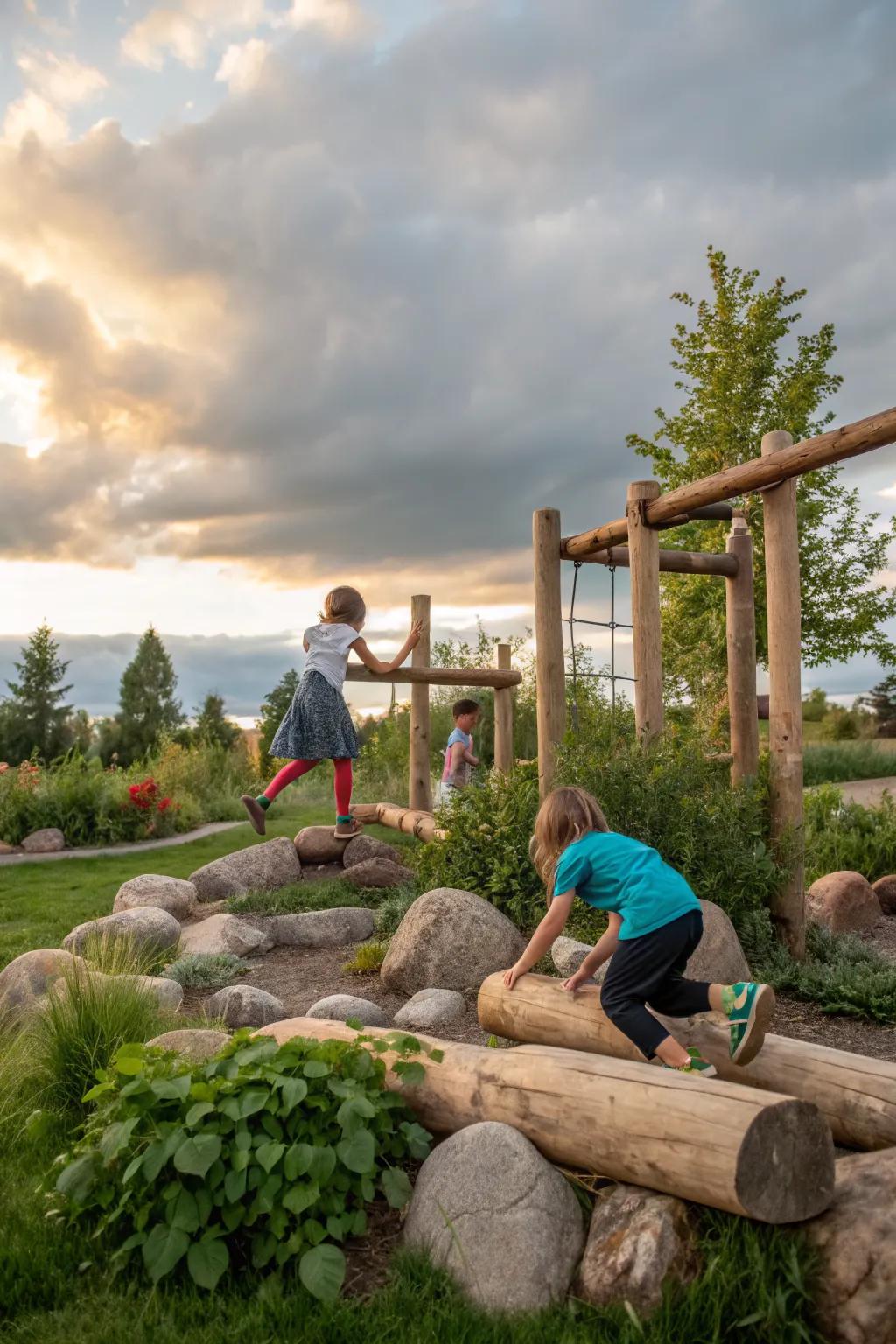 Children enjoying a natural playground setup with logs and rocks in a lush garden.