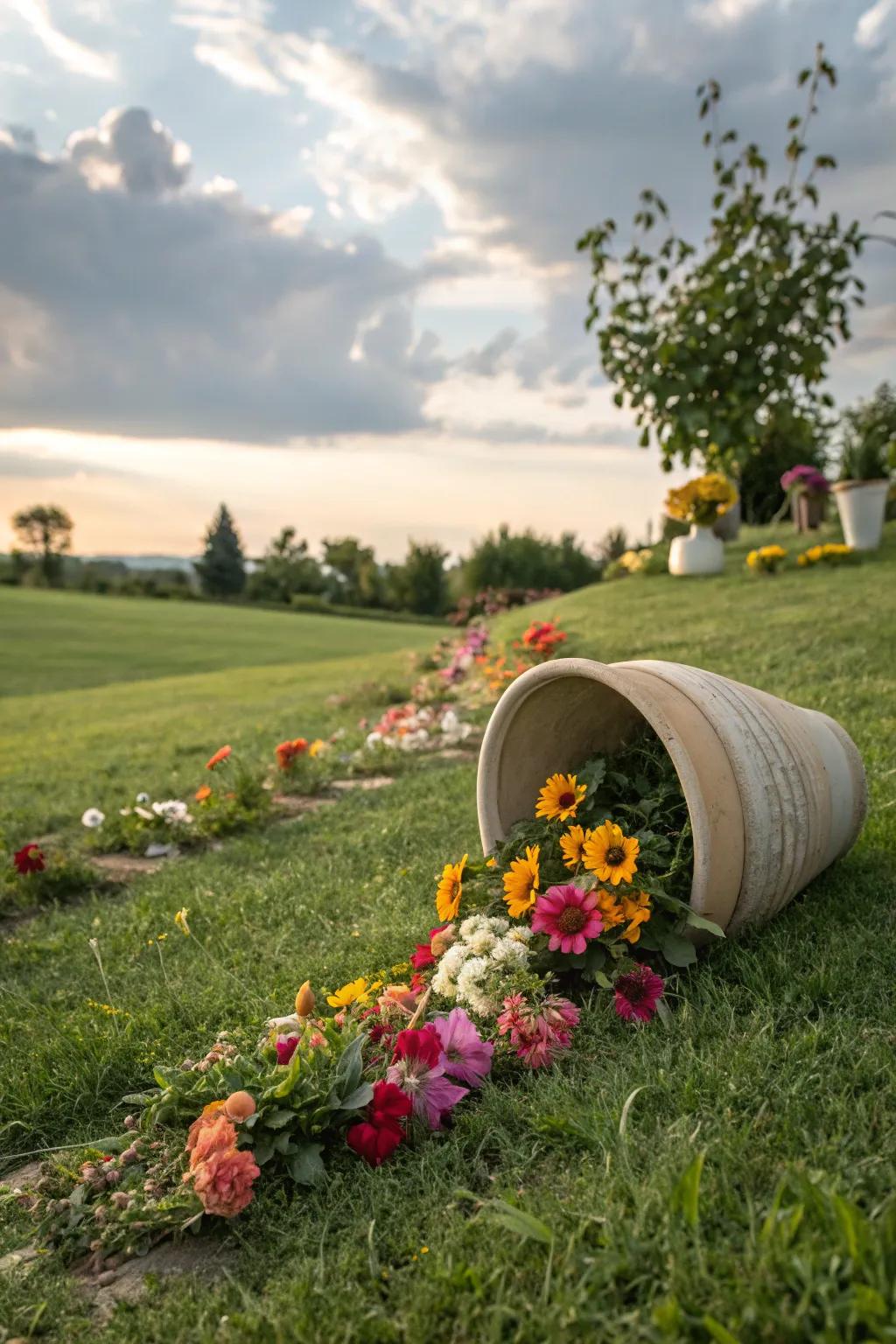 A creative spilled pot design that adds movement and charm to the garden.