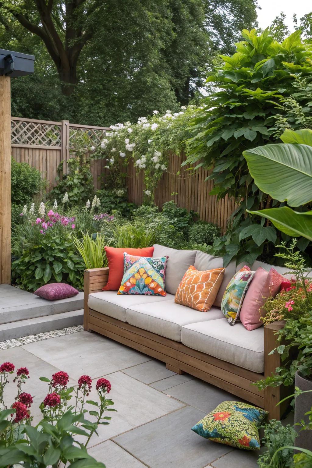 A cozy seating nook in the garden, perfect for relaxation.