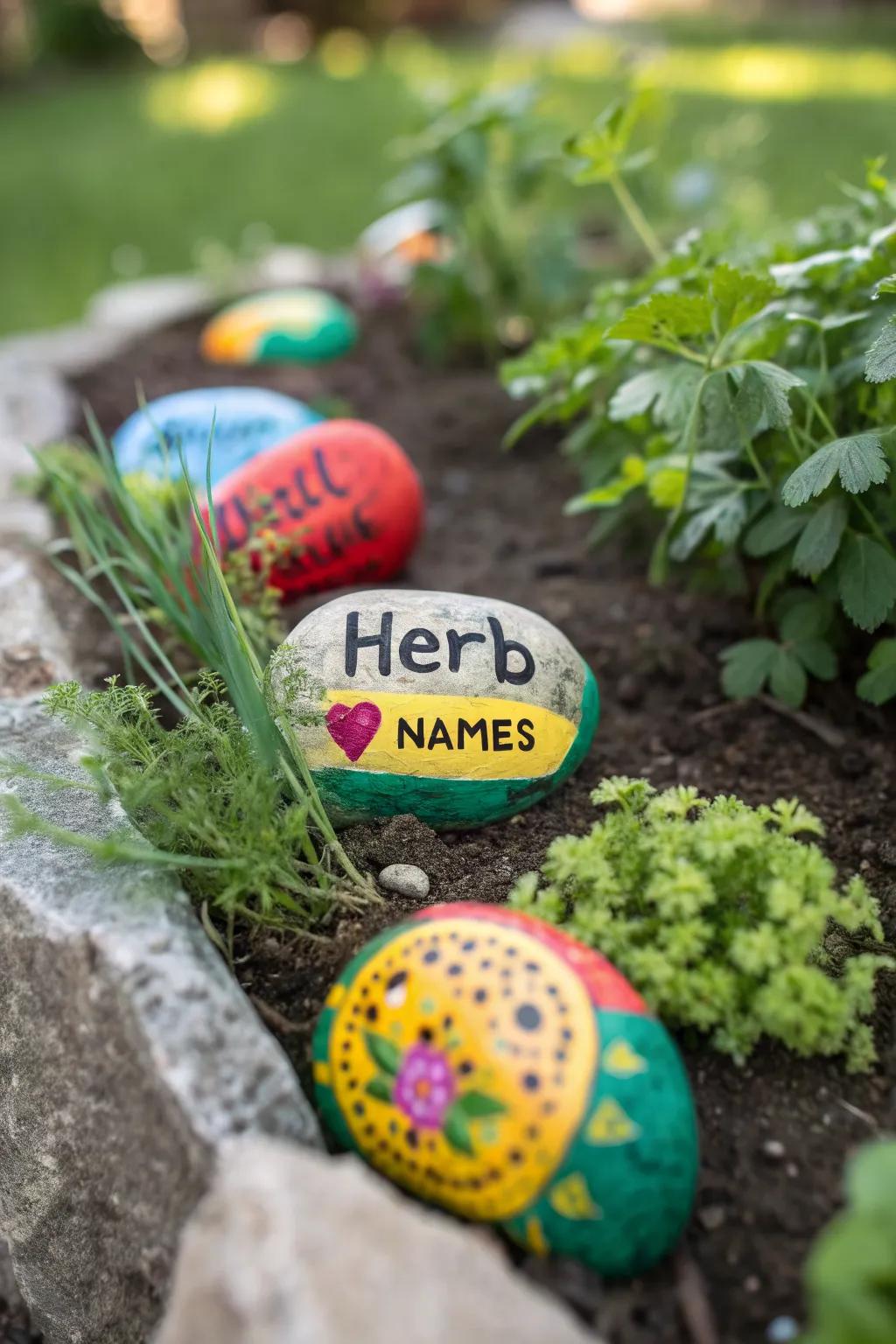 Colorful painted rocks serve as charming garden markers.